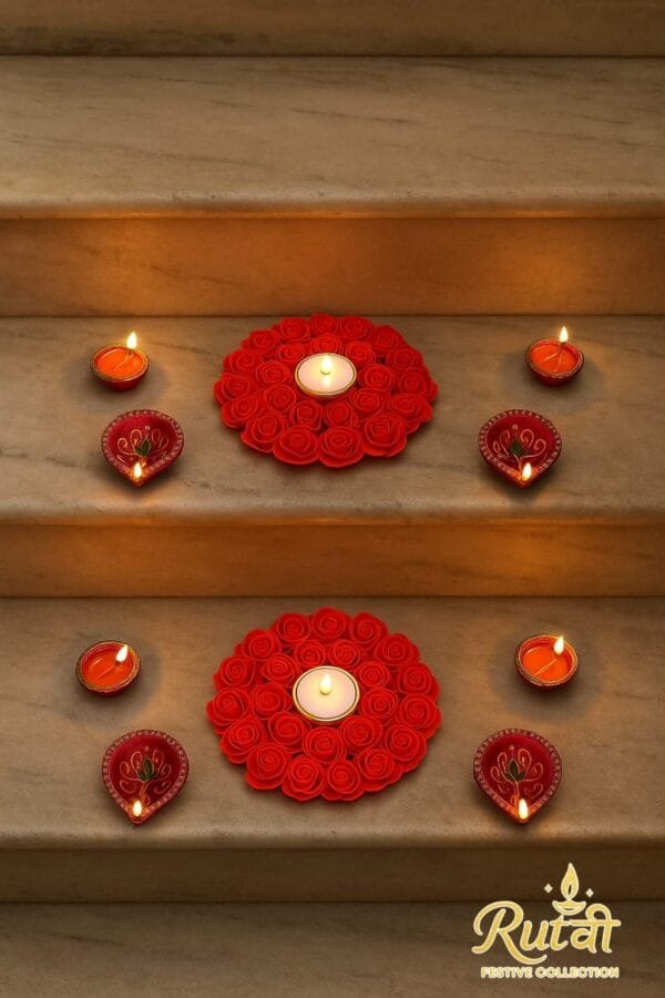 Red Rose Tealight Plate Set | Decorative LED Tealight Holder for Festive & Home Décor |Set of 2