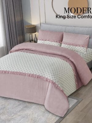 Modernist Style King Size Comforter Set – Heavy Glace Cotton | Bedsheet, Pillow Covers & Frill Duvet