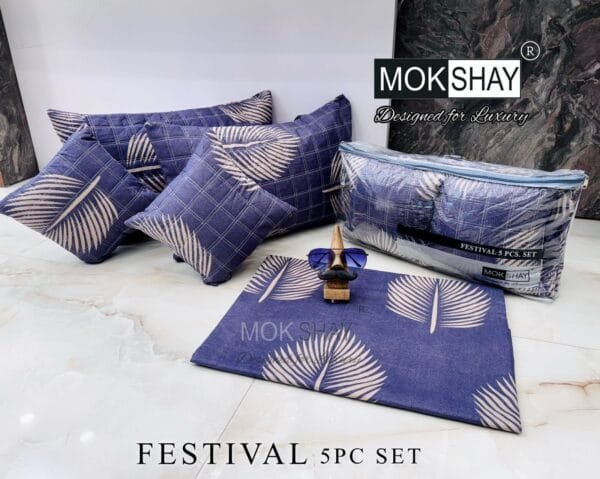 Mokshay® Festival 5PC Bedding Set – Premium Glace Cotton | Bedsheet, Quilted Pillow & Cushion Covers