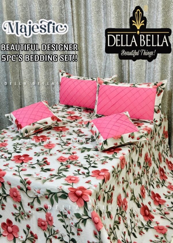 Majestic 5 Pc Designer Coordinate Bedding Set | Digital 7D Print Bedsheet with Quilted Cushions & Pillows