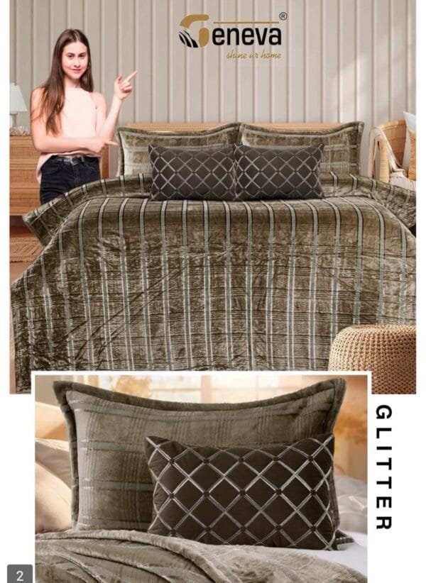 Glitter King 5PCS Winter Bedding Set |Flannel Bedsheet with Velvet Cushions | Shiny Effects