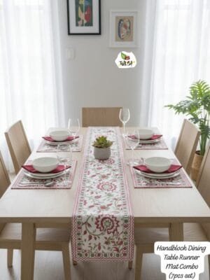 Block Style 7 Pc Dining Mat Set | Pure Cotton Canvas | 6 Placemats + 1 Runner