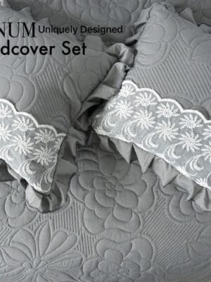 Platinum 5PC Quilted King Bedcover Set with Lace | Luxury Cotton Feel Bedspread & Cushion Covers