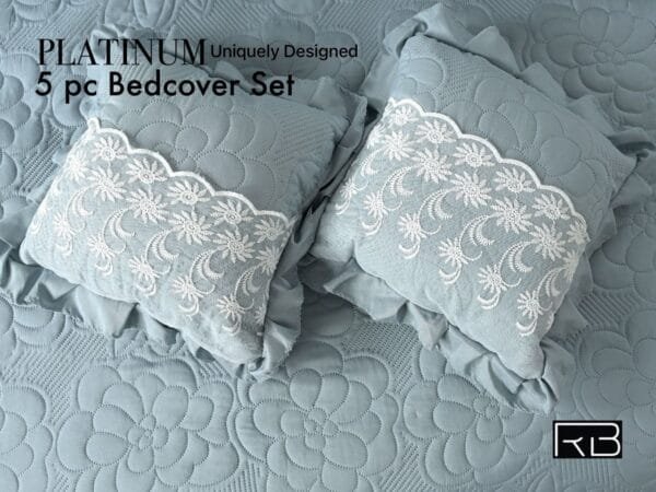 Platinum 5PC Quilted King Bedcover Set with Lace | Luxury Cotton Feel Bedspread & Cushion Covers