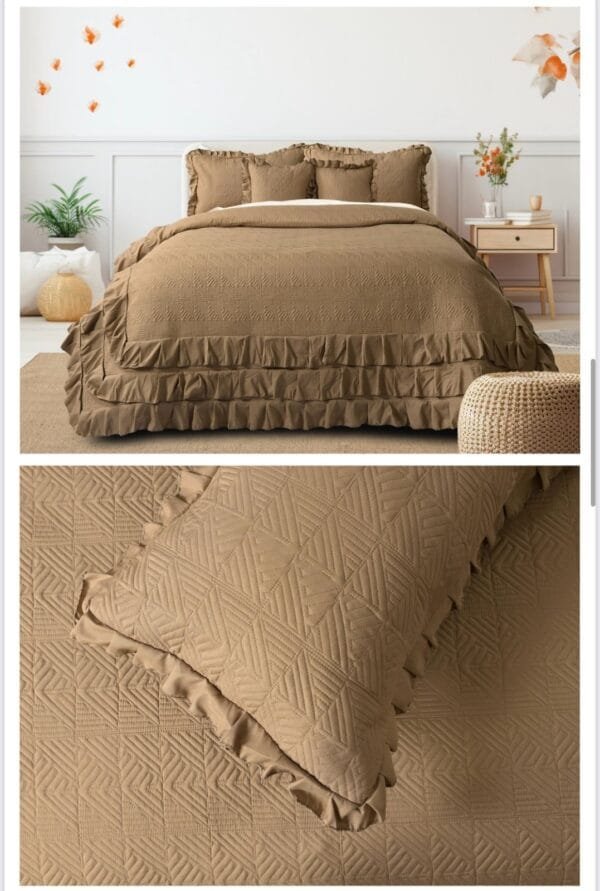 SISLEY 5 PCS Quilted Bedcover Set | Triple Frill Design, Premium Quilted Bedcover with Pillow |Cushion Covers