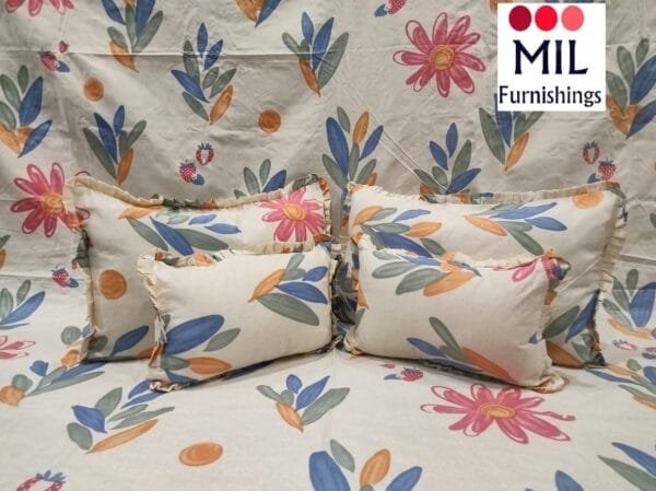 BLOOM Frills 5Piece Cushion Set | Glace Cotton Bedsheet with Pillow Covers | Designer Cushions