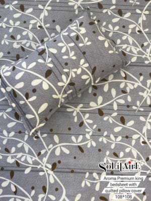 Aroma King 100% Glazed Cotton King Size Bedsheet with 2 Quilted Pillow Covers | Solitaire | 108x108