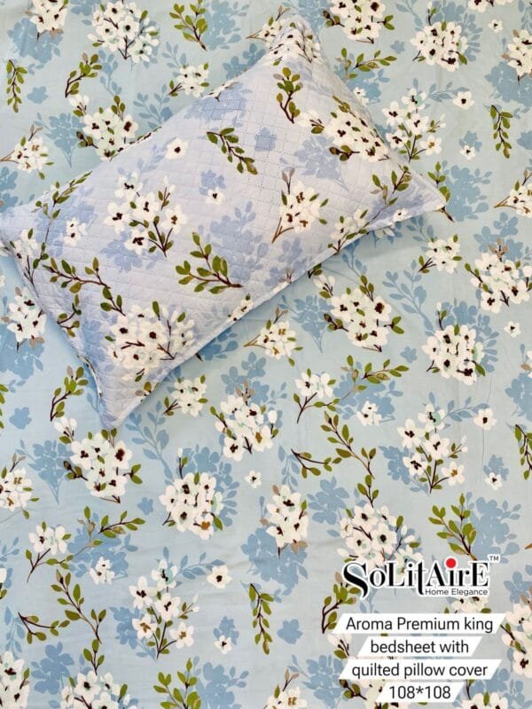 Aroma King 100% Glazed Cotton King Size Bedsheet with 2 Quilted Pillow Covers | Solitaire | 108x108