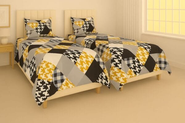 Premium Check and Mate Series 2+2 Single Bedsheet Set – 140 GSM, 250 TC Glace Cotton | Elegant Linear Design