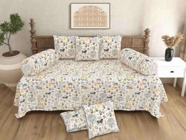 Roohi Premium Pure Cotton 8 Pcs Diwan Set – 1+2+5 Combo | King Size Single Bed Diwan Set