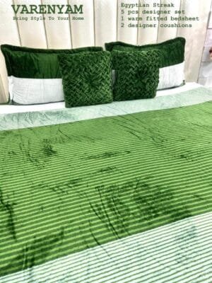 Egyptian Streak 5 Pc Designer Cushion & Bedsheet Set | Warm Flannel Fabric | Premium King Size Bedding Collection