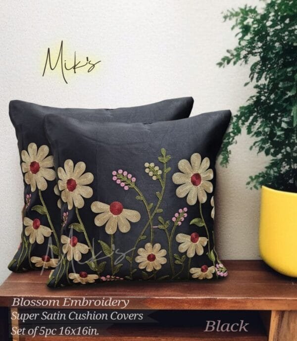 Blossom Embroidery Premium Satin Cushion Covers Set of 5 | Heavy Floral Work | 16x16 Inch