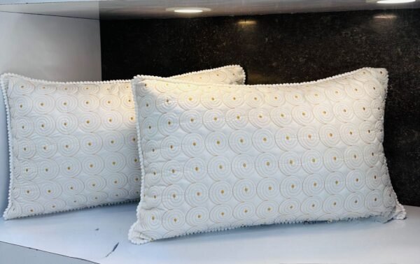 Premium Embroidered Glace Cotton Pillows with Pom Pom Border | Silicon Fiber Filling | 18×28 Inch | Pack of 2