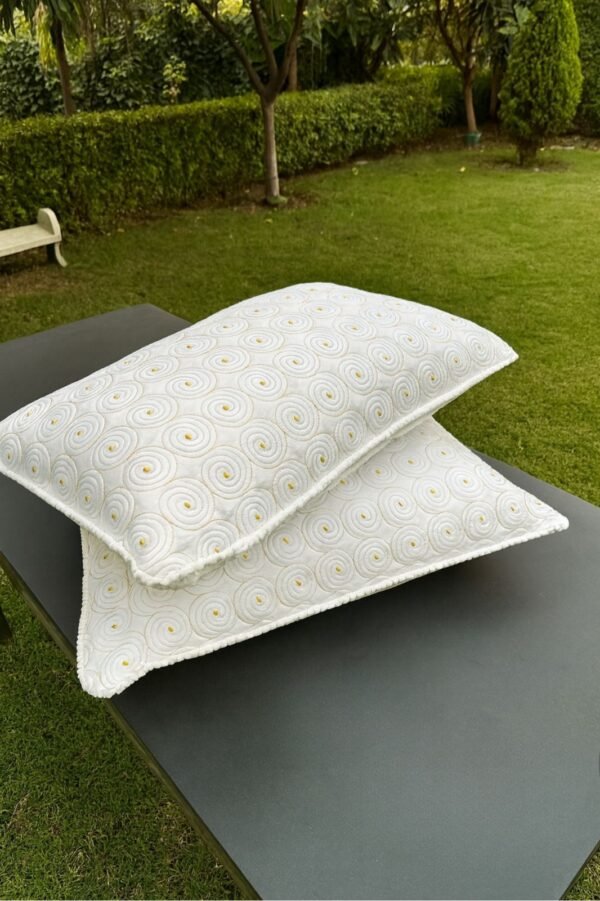 Premium Embroidered Glace Cotton Pillows with Pom Pom Border | Silicon Fiber Filling | 18×28 Inch | Pack of 2