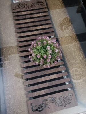 Foldable Wooden Table Runner – Cut Work Peacock Border, 12x36 Inch, Lightweight Wooden Fabric