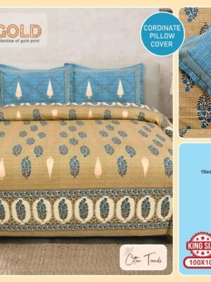IMG-20260526-WA0320.jpg Rose Gold King Size Cotton Bedsheet Set with Gold Print (100×108 Inches)