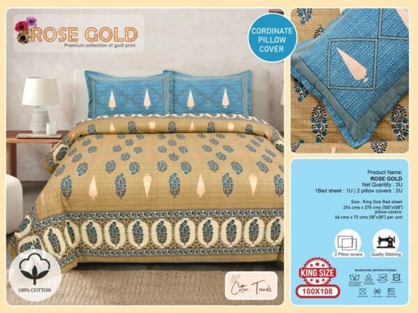 Rose Gold King Size Cotton Bedsheet Set with Gold Print (100×108 Inches)