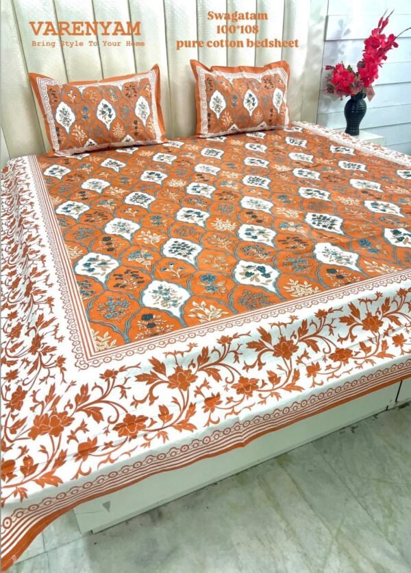 IMG-20260529-WA0109.jpg Swagatam Cotton King Size Bedsheet (100x108) – Pure Cotton Designer Bedsheet Set with Pillow Covers