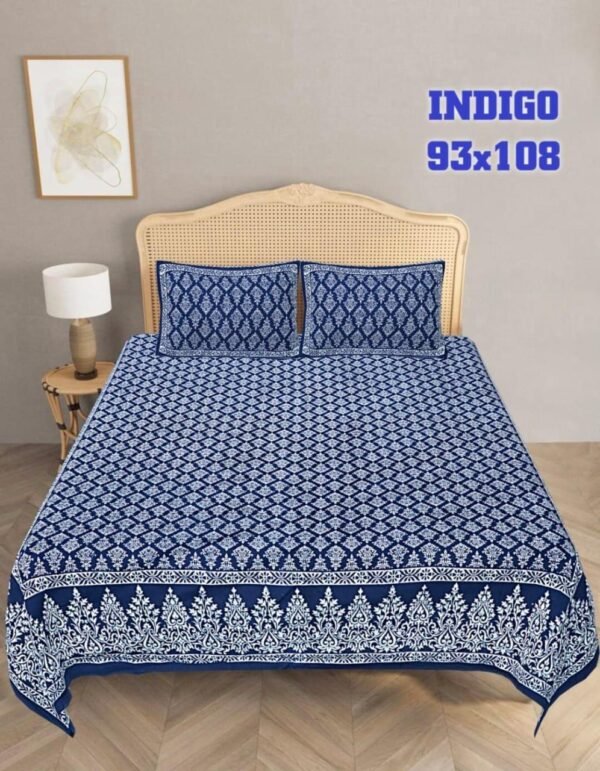 Indigo King Size Organic Cotton Bedsheet (93x108) – Pure Cotton Bedsheet Set with Pillow Covers