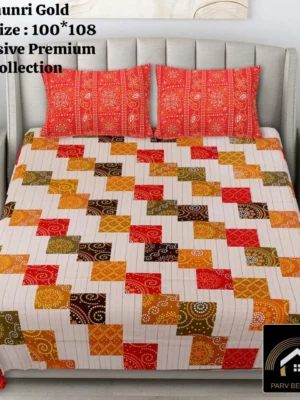 IMG-20260626-WA0081.webp CHUNRI GOLD Jaipuri Pure Cotton King Size Bedsheet Set (100x108) | 1 Bedsheet + 2 Pillow Covers