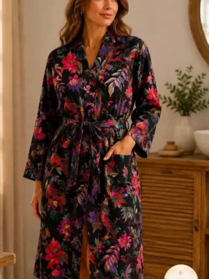 WAFFLE 100% Pure Cotton Bathrobe | Handblock Discharge Print | Free Size