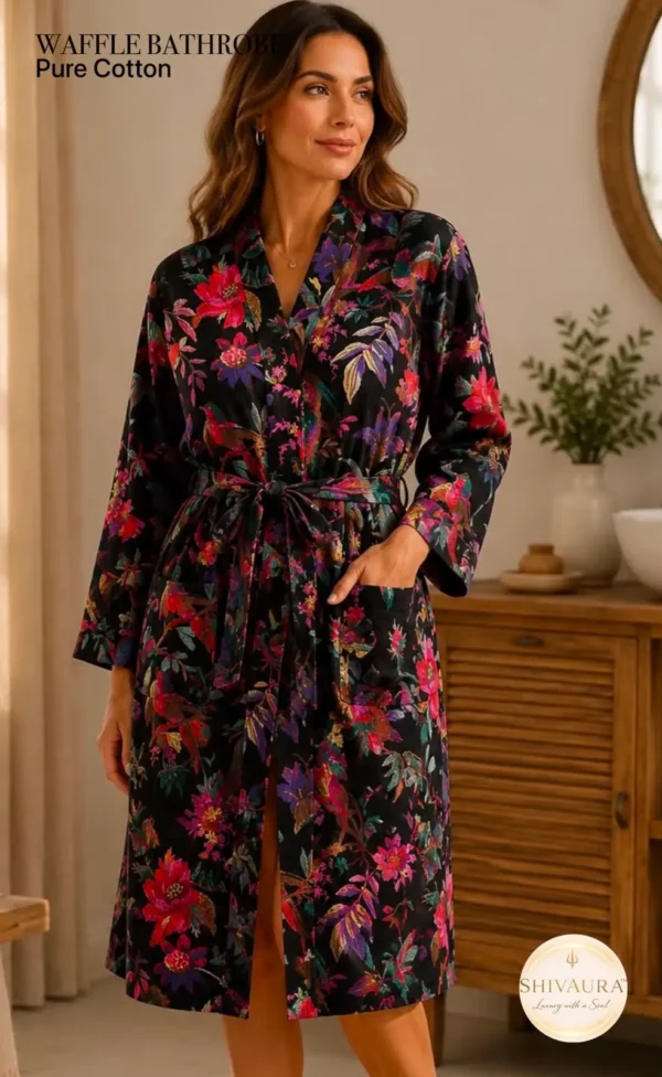 IMG-20260626-WA0144.webp WAFFLE 100% Pure Cotton Bathrobe | Handblock Discharge Print | Free Size