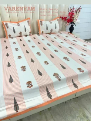 White Beauty Handblock Print Cotton King Size Bedsheet | 100% Pure Cotton | 100x108 Inches